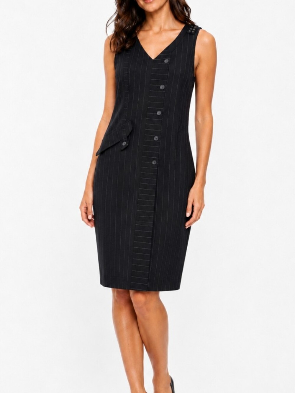 Animale Black White Pinstripe Sleeveless Dress Button Detail Eyelet Shoulder